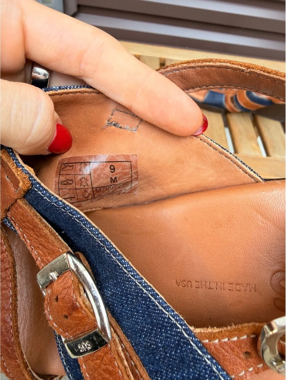 SAS Layla T-Strap Wedge Sandal Blue Jean and Brown Leather Size 9M